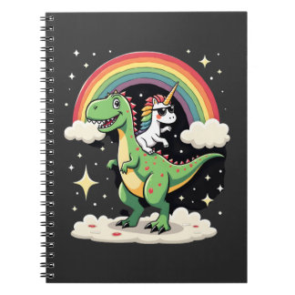 Caderno Espiral Rainbow Unicorn Riding T rex - Dinosaur Boys Girls