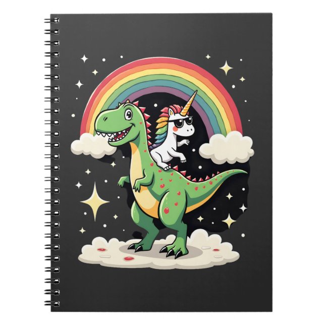 Caderno Espiral Rainbow Unicorn Riding T rex - Dinosaur Boys Girls (Frente)