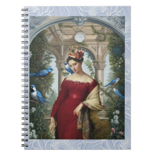 Caderno Espiral Rainha em vermelho com pássaros azuis