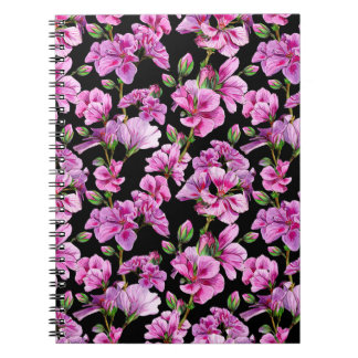 Caderno Espiral Ramais de gerânio, bordos cor-de-água rosa.