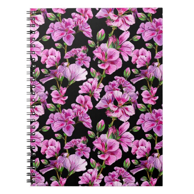 Caderno Espiral Ramais de gerânio, bordos cor-de-água rosa. (Frente)