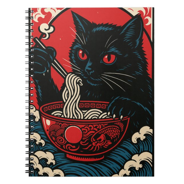 Caderno Espiral Ramen Cat Notebook Japanese Ukiyo-e Black CatAnime (Frente)
