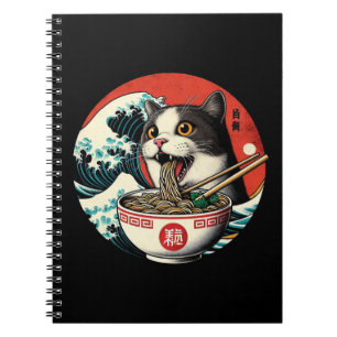 Caderno Espiral Ramen de Gato Arte Japonês Estilo Vintage