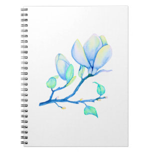 Caderno Espiral Ramo de Magnólia em Aquarela Azul Verde Botânico