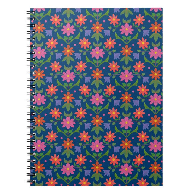 Caderno Espiral Rangoli Flores Bolinhas no Bloco de Anotações Azul (Frente)
