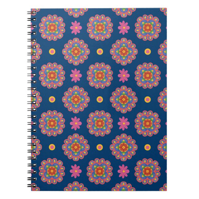 Caderno Espiral Rangoli, Flores e Bolinhas, Blue Notebook (Frente)