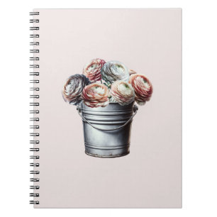 Caderno Espiral Ranunculus em Balde de Lata Glam Rústico Rosa