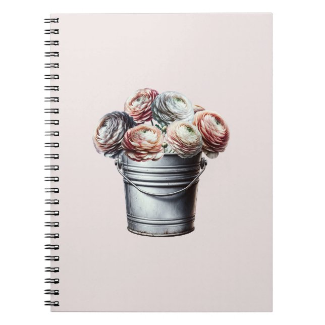 Caderno Espiral Ranunculus no Balde de Lata Rosa Glam Rústico (Frente)