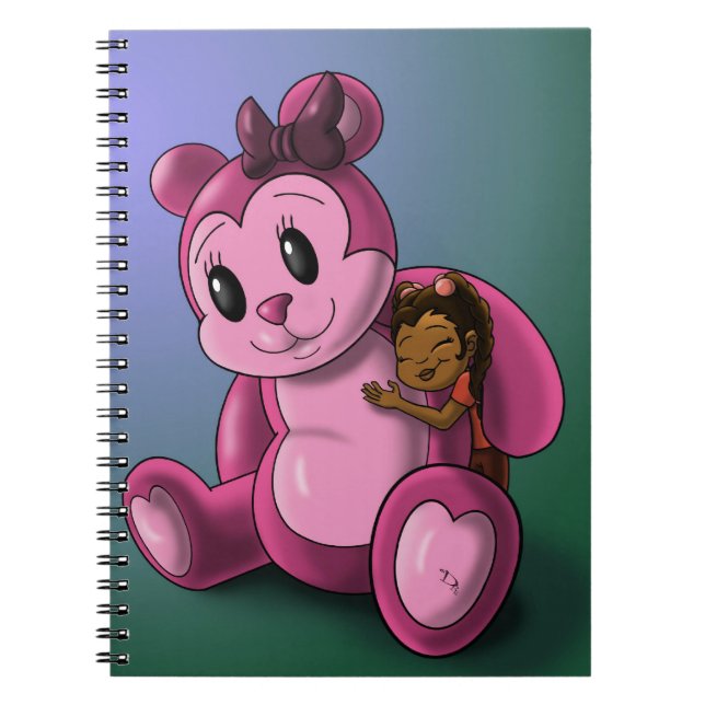 Caderno Espiral Rapariga Americana Africana e Urso Rosa Rosa (Frente)