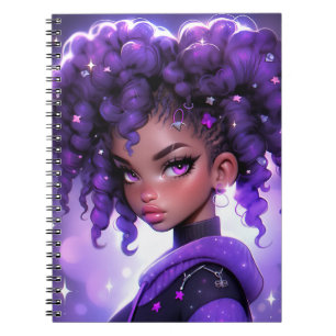 Caderno Espiral Rapariga da Galáxia Roxa com Cabelo Curvo