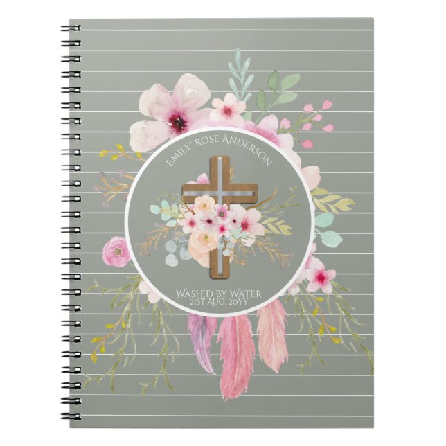 Caderno Espiral Raparigas Personalizadas BAPTISM - Sage Floral Cro (Frente)
