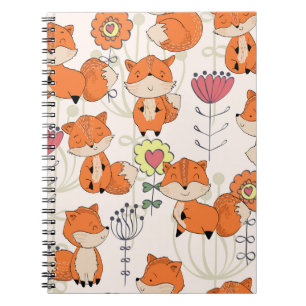 Caderno Espiral Raposa de animação, flores: padrão desenhado manua