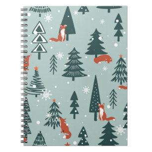 Caderno Espiral Raposas, abetos, neve, puxadas à mão. Costela co