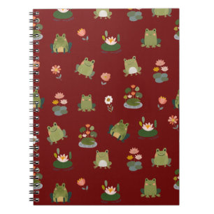 Caderno Espiral Rãs e Folhas de Nenúfar em Vermelho Escuro