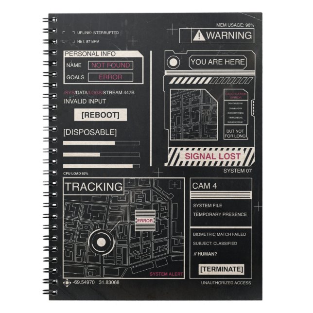 Caderno Espiral Rastreamento - Design de Streetwear Techno-Brutali (Frente)