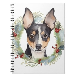 Caderno Espiral Rat Terrier Christmas Wreath Festivo Pup