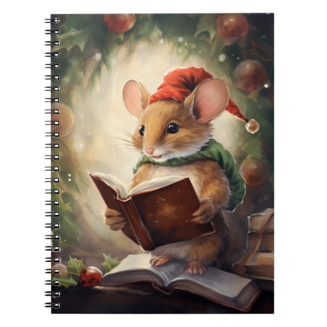 Caderno Espiral Rato de Natal lendo (Frente)
