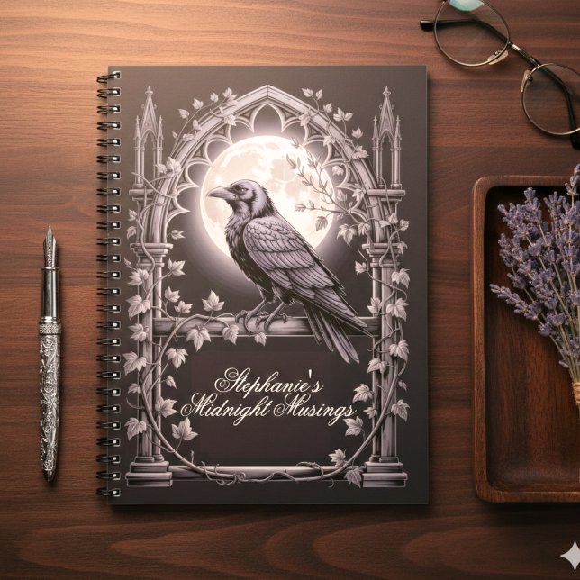 Caderno Espiral Raven Sob Diário Da Meia-Noite Gótica Da Lua (Gothic raven personalized journal)