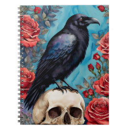 Caderno Espiral Raven Sobre O Fundo Do Teto De Rosas vermelhas Crâ