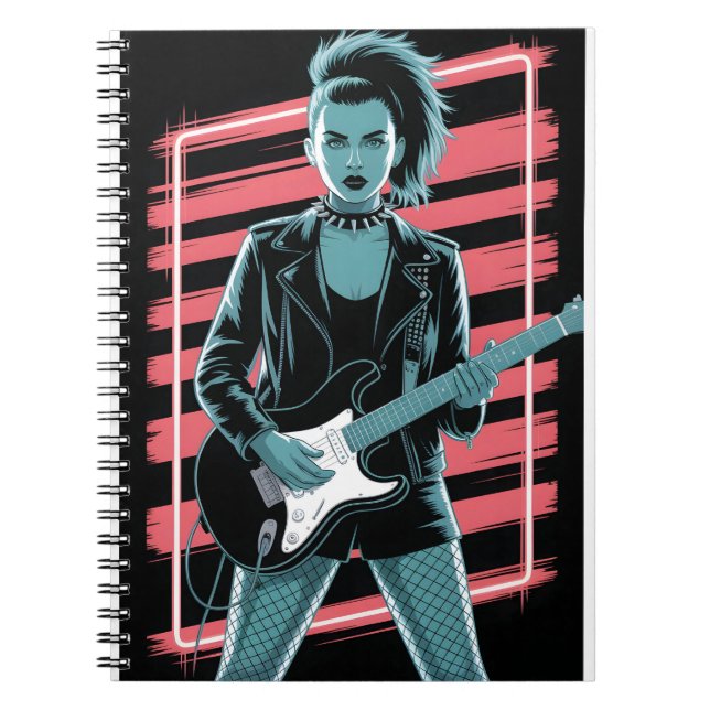 Caderno Espiral Rebellious Rock Star: Female Guitarist in Leather  (Frente)