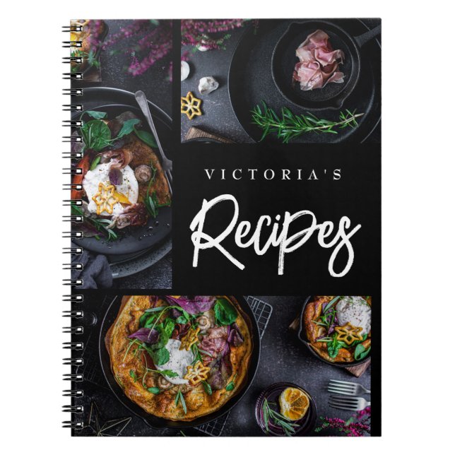 Caderno Espiral Receita de Foto Personalizada em Preto Moderno (Frente)