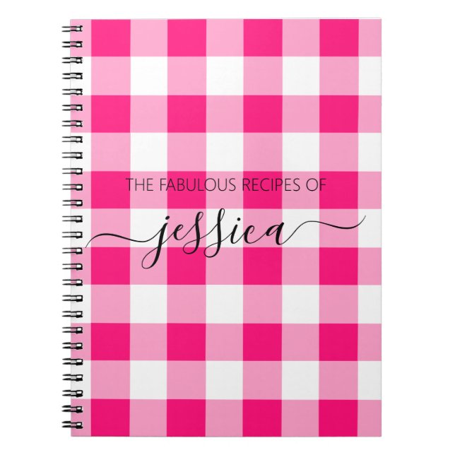 Caderno Espiral Receita do nome do script gingham, rosa-quente, ch (Frente)