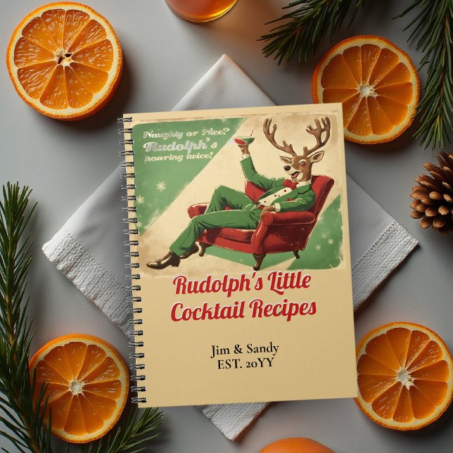 Caderno Espiral Receitas Engraçadas de Natal para Festa de Coquete (cocktail party personalized recipe notebook funny rudolph naughty nice lounge red green vintage retr)
