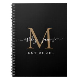 Caderno Espiral Recém-casado Sr. Monograma Nomes Ano Dourado Preto