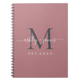 Caderno Espiral Recém-casado Sr. Monograma Nomes Ano Dusty Rosa