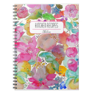 Caderno Espiral Recetas de cocina Flores de acuarela Personalizado