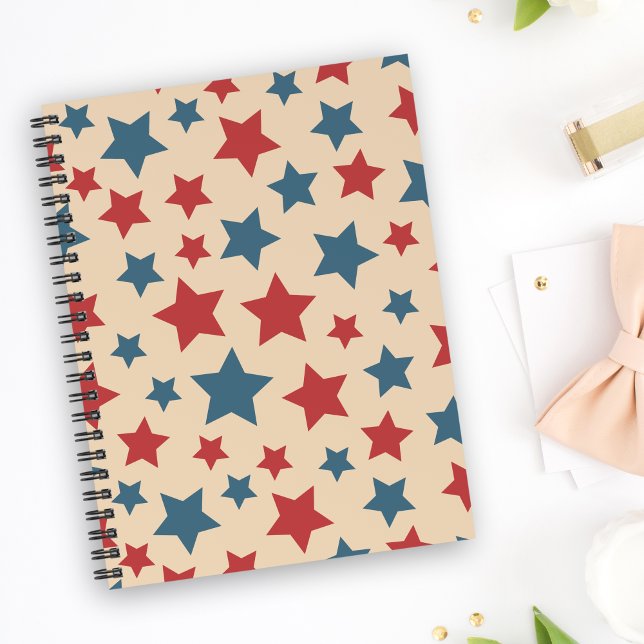 Caderno Espiral Red and Blue Stars, 4th of July, Beige Background (Criador carregado)