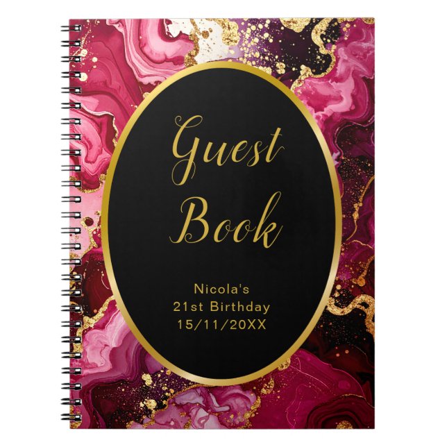 Caderno Espiral Red and Gold Marble Agate Birthday Guest Book (Frente)