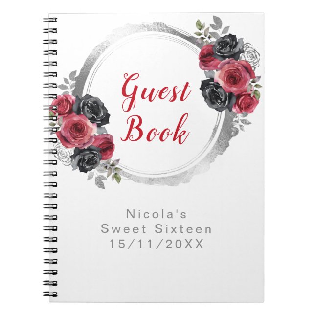 Caderno Espiral Red and Silver Elegant Flowers Sweet Sixteen (Frente)