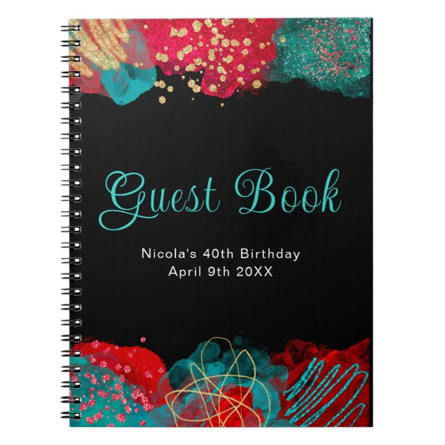 Caderno Espiral Red and Teal Blue Alcohol Ink Birthday Guest Book (Frente)
