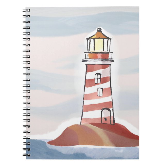 Caderno Espiral Red and White Lighthouse | Beachy Ocean Watercolor (Frente)