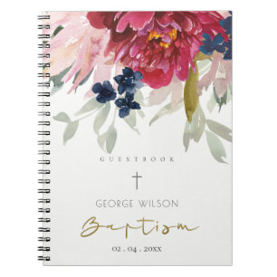 Caderno Espiral Red Burgundy Blush Blue Floral Baptism Guestbook