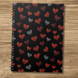 Caderno Espiral Red Burgundy Silver Glitter Hearts on Black