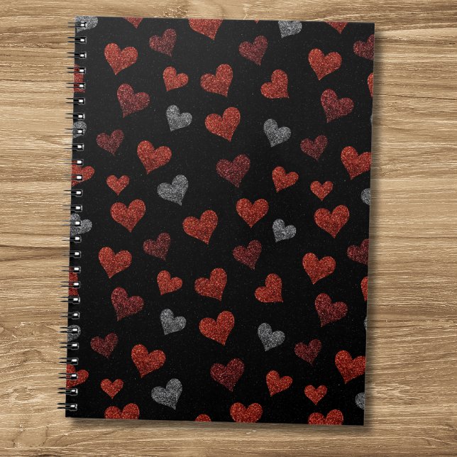 Caderno Espiral Red Burgundy Silver Glitter Hearts on Black (Criador carregado)