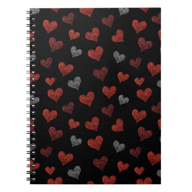Caderno Espiral Red Burgundy Silver Glitter Hearts on Black (Frente)