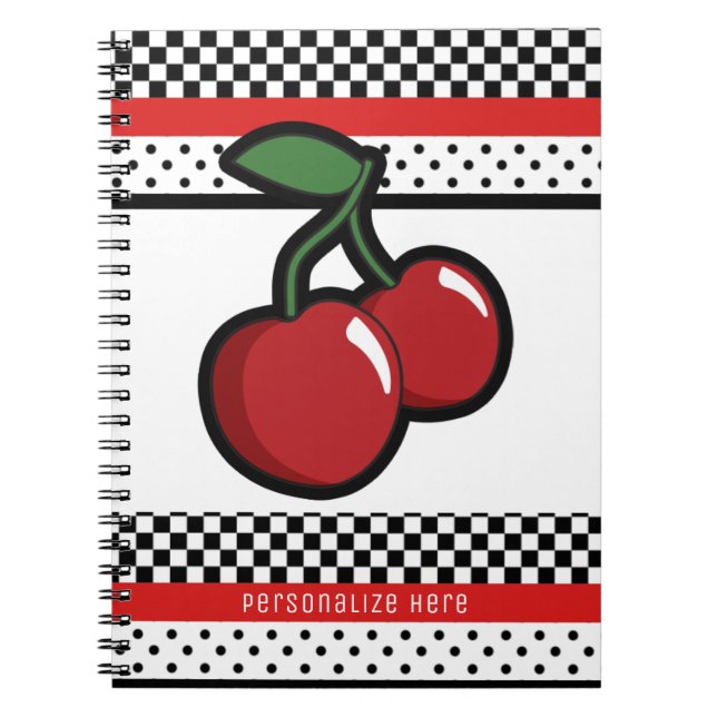 Caderno Espiral Red Cherries Red Black & White Retro Personalizado (Frente)
