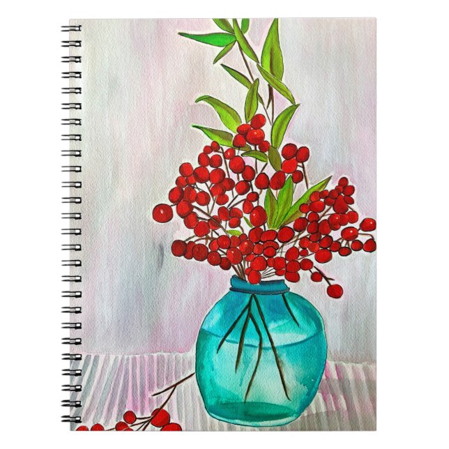 Caderno Espiral Red Christmas Berries aquarela arte (Frente)