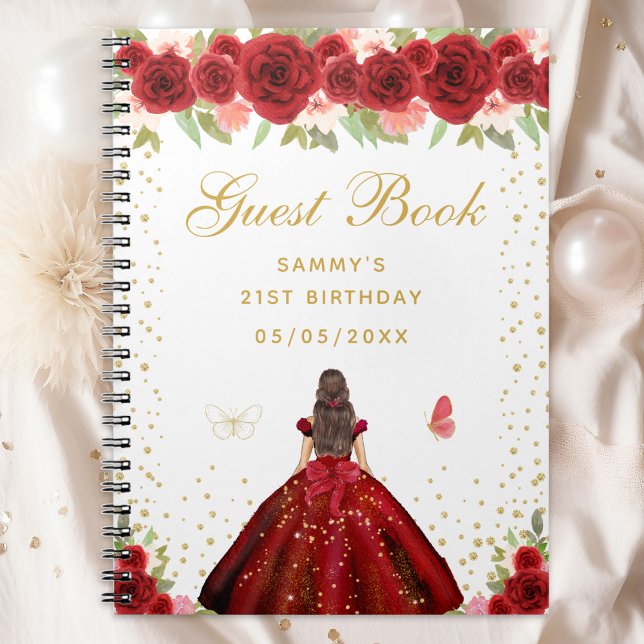 Caderno Espiral Red Floral Brunette Hair Princess (Criador carregado)