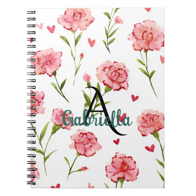Caderno Espiral Red Hearts Flowers Monogram Name (Frente)