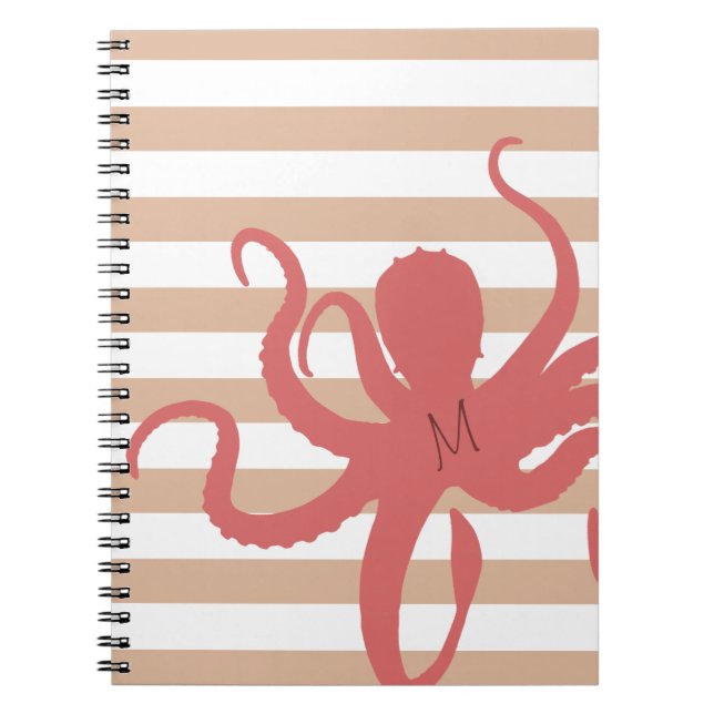 Caderno Espiral Red octopus modern beach white sand striped (Frente)