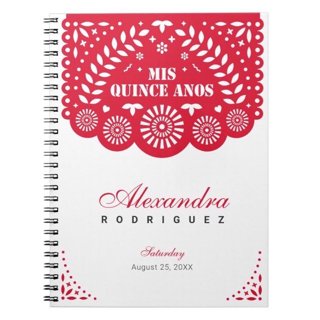 Caderno Espiral Red Papel Picado Mis Quince Años (Frente)
