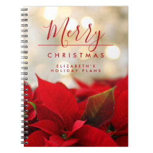 Caderno Espiral Red Poinsettias com Ouro Bokeh Natal