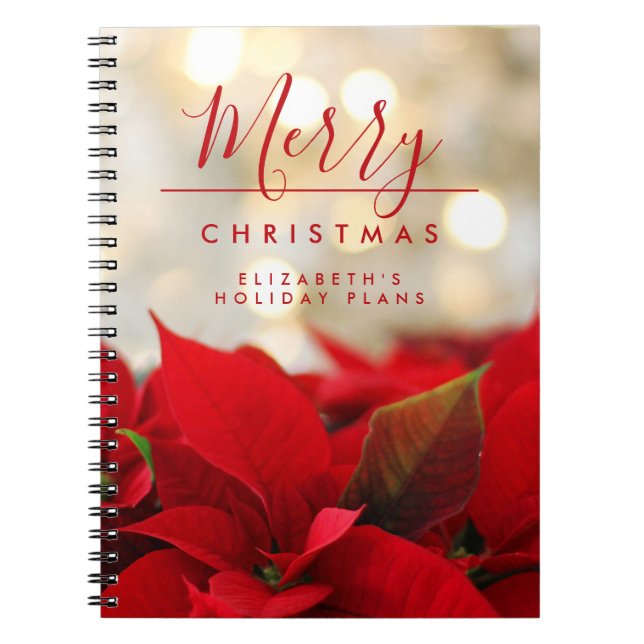Caderno Espiral Red Poinsettias com Ouro Bokeh Natal (Frente)