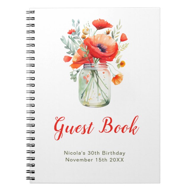 Caderno Espiral Red Poppies Mason Jar Birthday Party Guest Book (Frente)