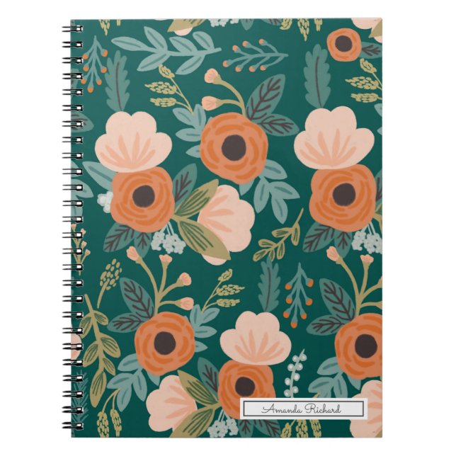 Caderno Espiral Red Roses Green Whimsical  Pattern Notebook (Frente)