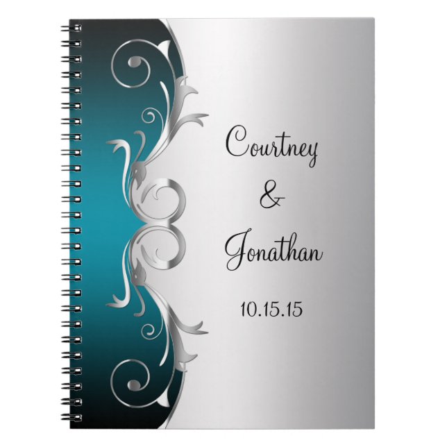 Caderno Espiral Redemoinhos da cerceta e da prata do ornamentado (Frente)